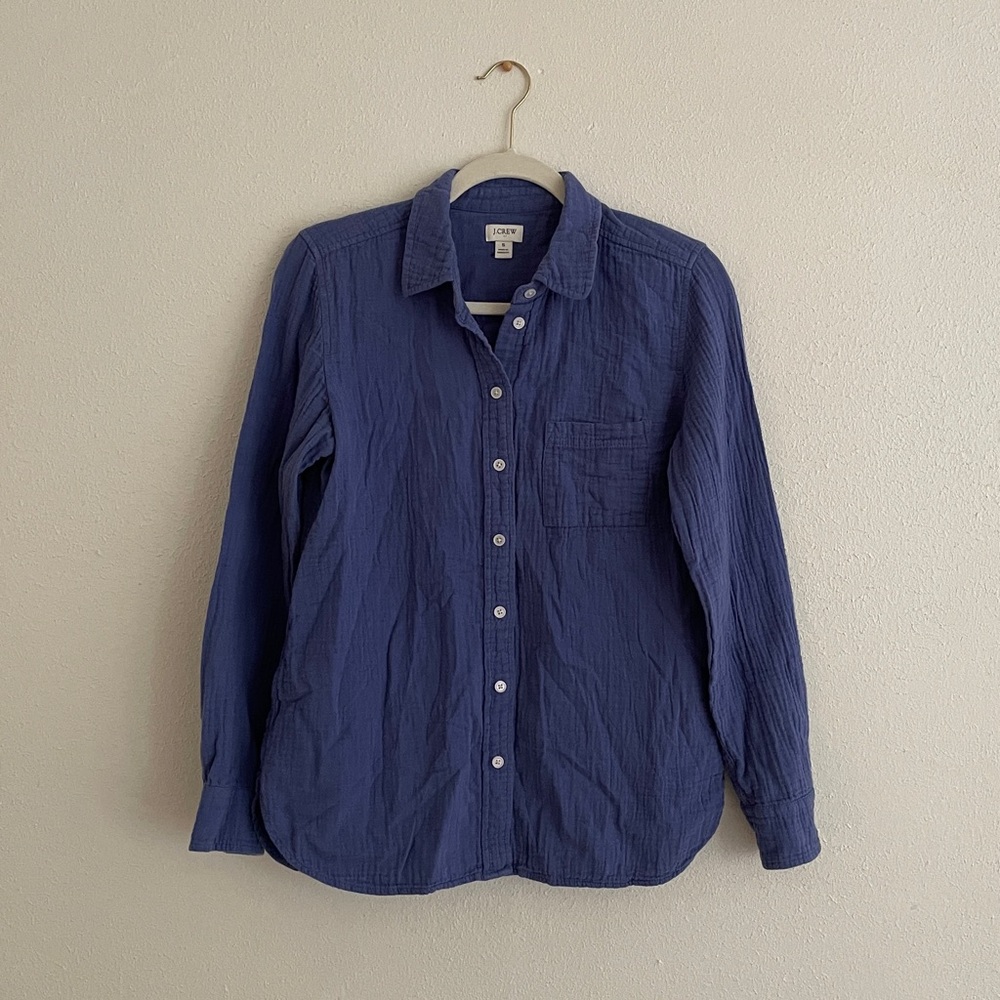 J. Crew Button Up Shirt Cotton Muslin Long Sleeve Blue Coastal Preppy
